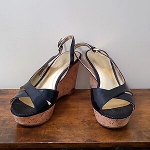 Marc Fisher black patent open-toe wedge sandals size 9.5